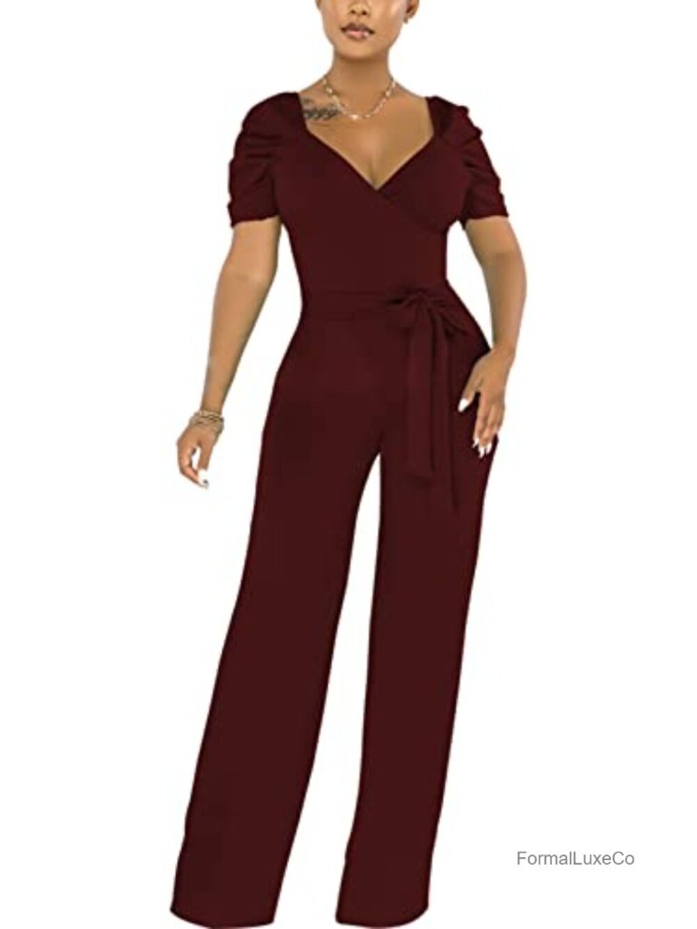 Elegant Plus Size Deep V-Neck Wide Leg Jumpsuit with Back Zipper